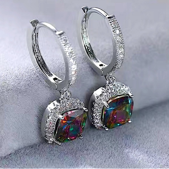Mystic Topaz White Gold Plated Square Cut Zircon Dangle Earrings - Picture 2 of 7